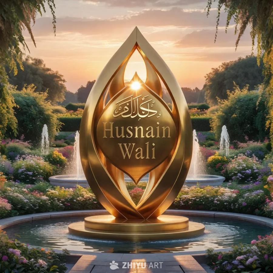 一座金色的雕塑立于花园之中，上面刻着“Husnai