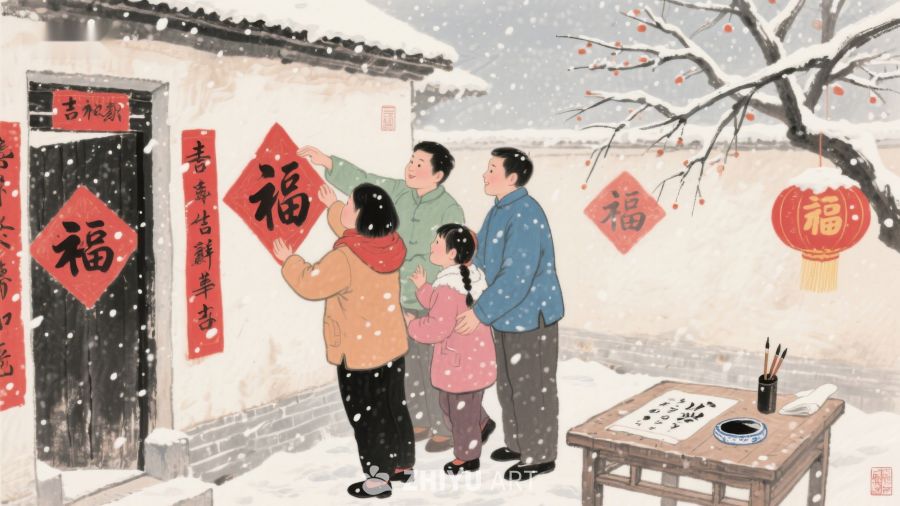 雪中贴福字，家庭迎新春 1150