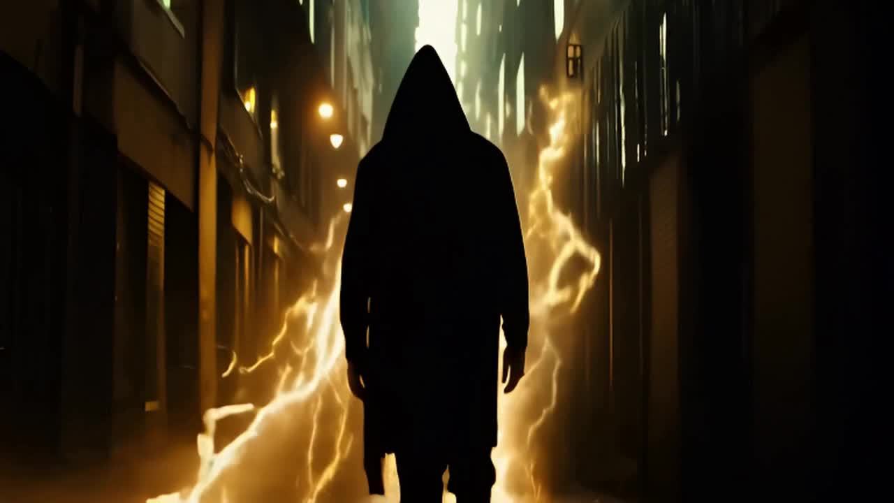夜间，一个戴着兜帽的男人走在街上，被闪电状的能量光