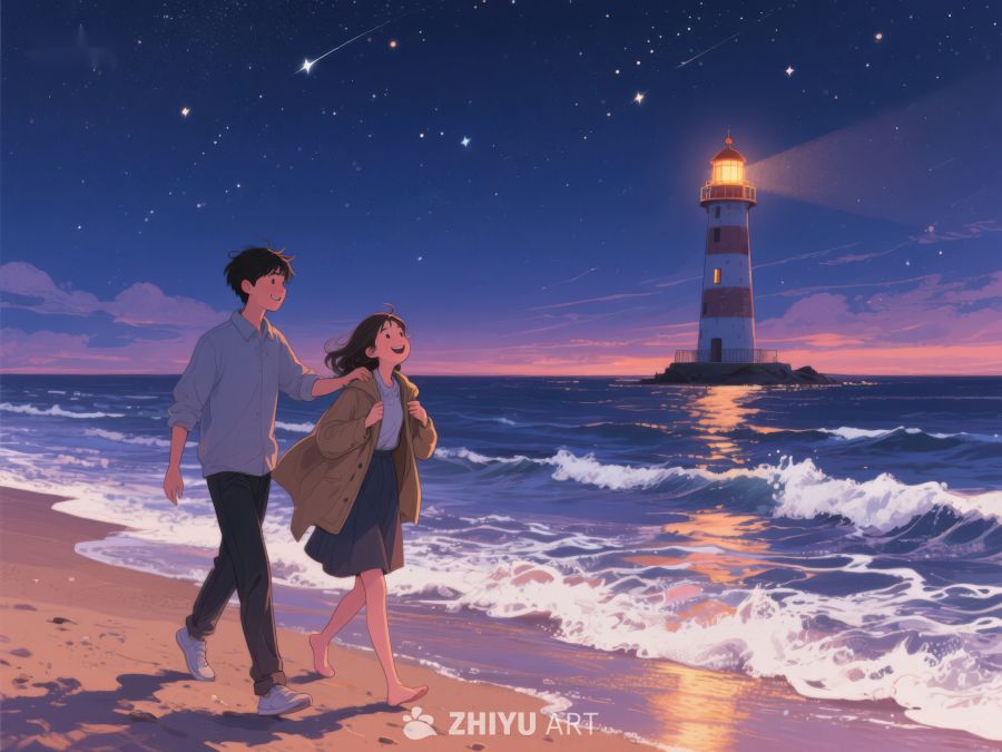 夜幕下的灯塔与海滩漫步 1014