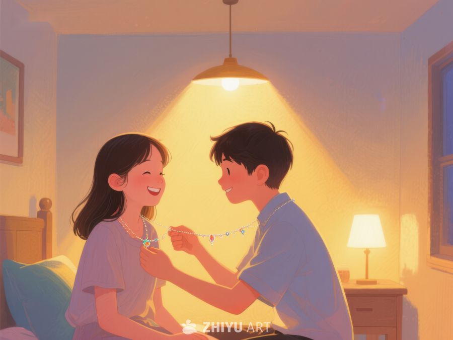 温馨夜晚，男孩为女孩佩戴项链 814