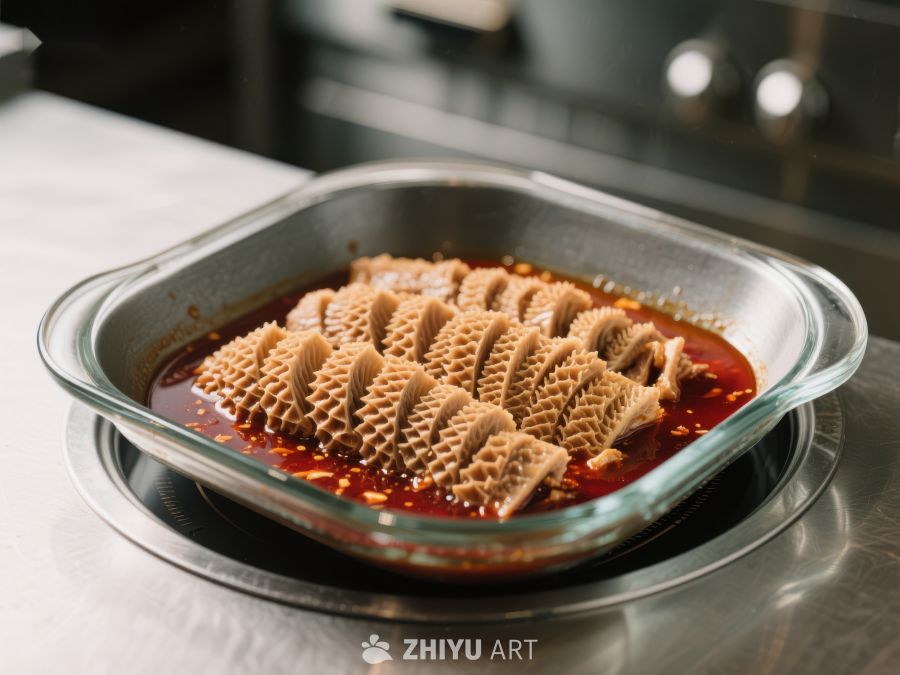 麻辣毛肚在玻璃盘中准备烹饪 515