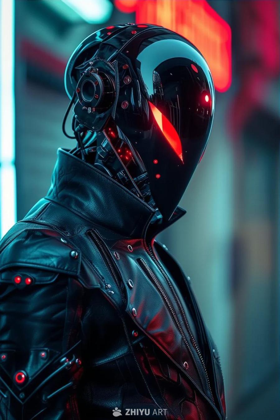 一个未来主义的吸血鬼机器人，穿着未来主义的皮革服装