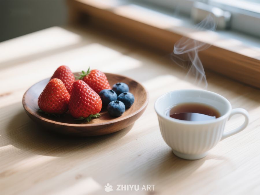 热茶与新鲜草莓蓝莓的静谧时光 464