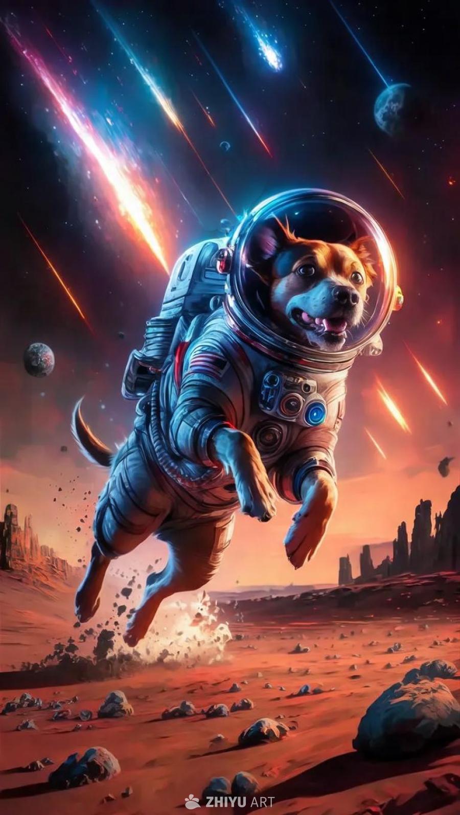 一只穿着宇航服的狗在红色星球上奔跑，身后激起尘土，