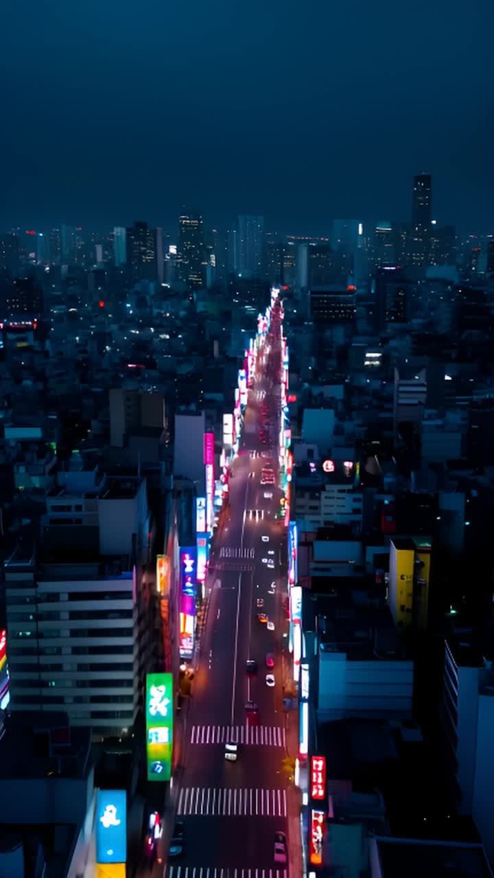 夜晚，东京市中心，霓虹灯闪烁，没有行人，远处有雷暴