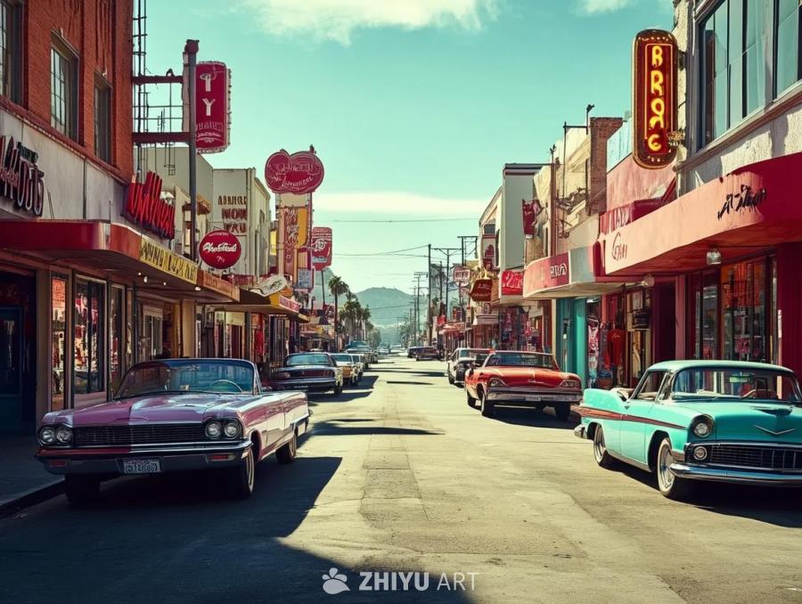 一条美式风格的街道，街道两旁是复古风格的建筑。街道