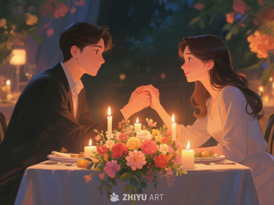 浪漫烛光晚餐，情侣深情对视 438
