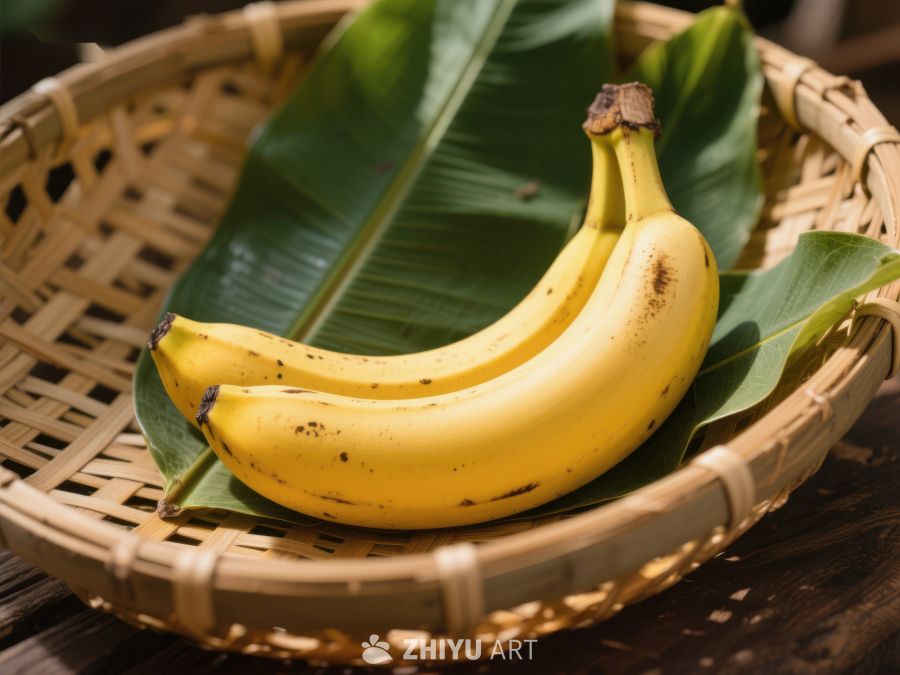 香蕉置于竹篮绿叶之上 578