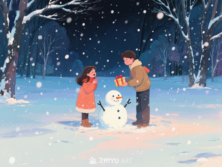 冬夜雪地，孩子与雪人共享礼物 173