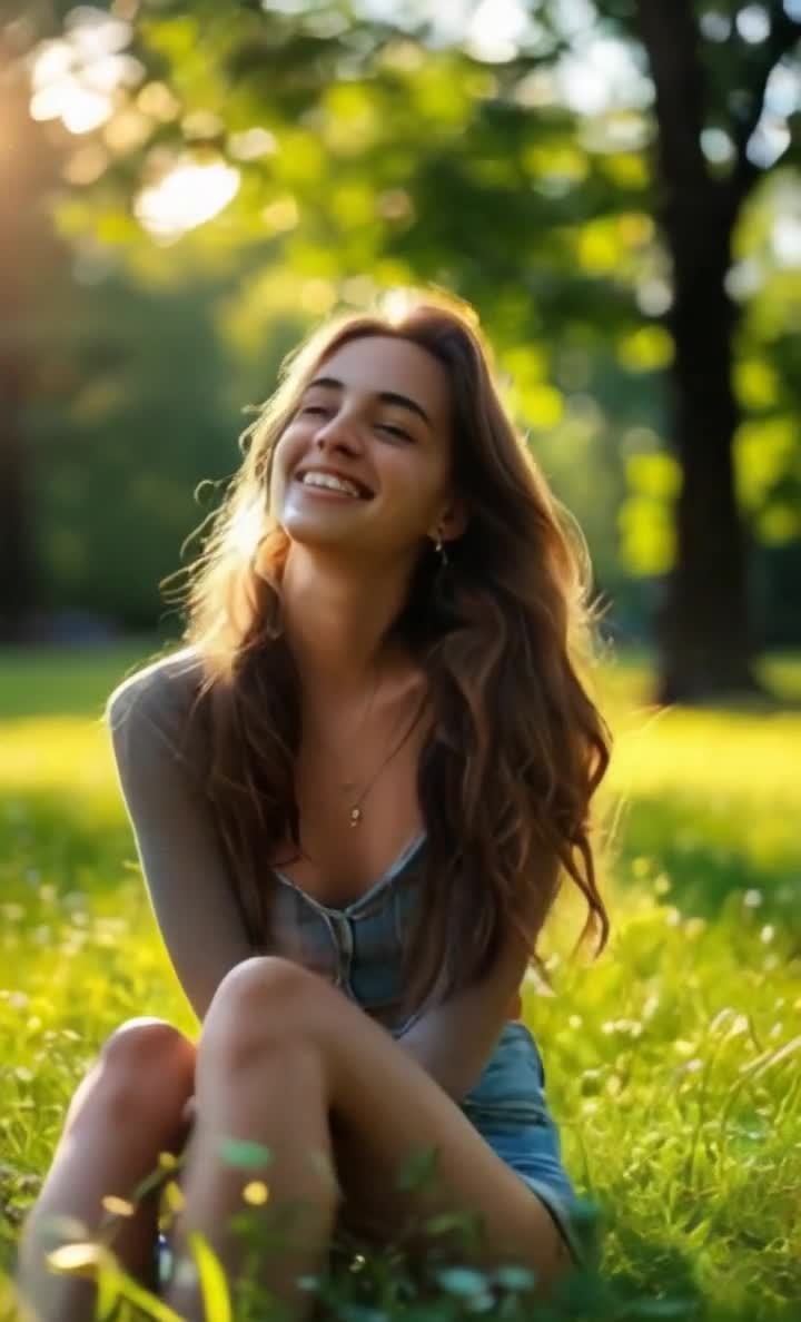 阳光下草地微笑的年轻女子