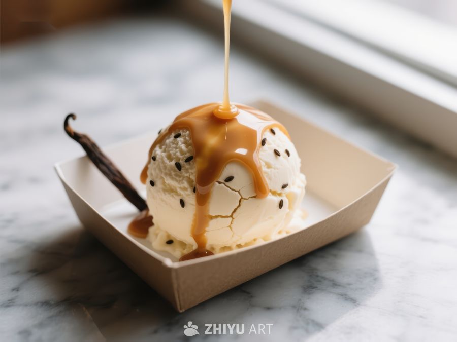 焦糖淋在香草冰淇淋上