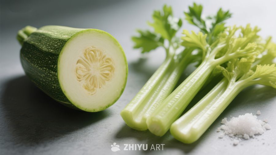 新鲜蔬菜：切开的西葫芦与芹菜