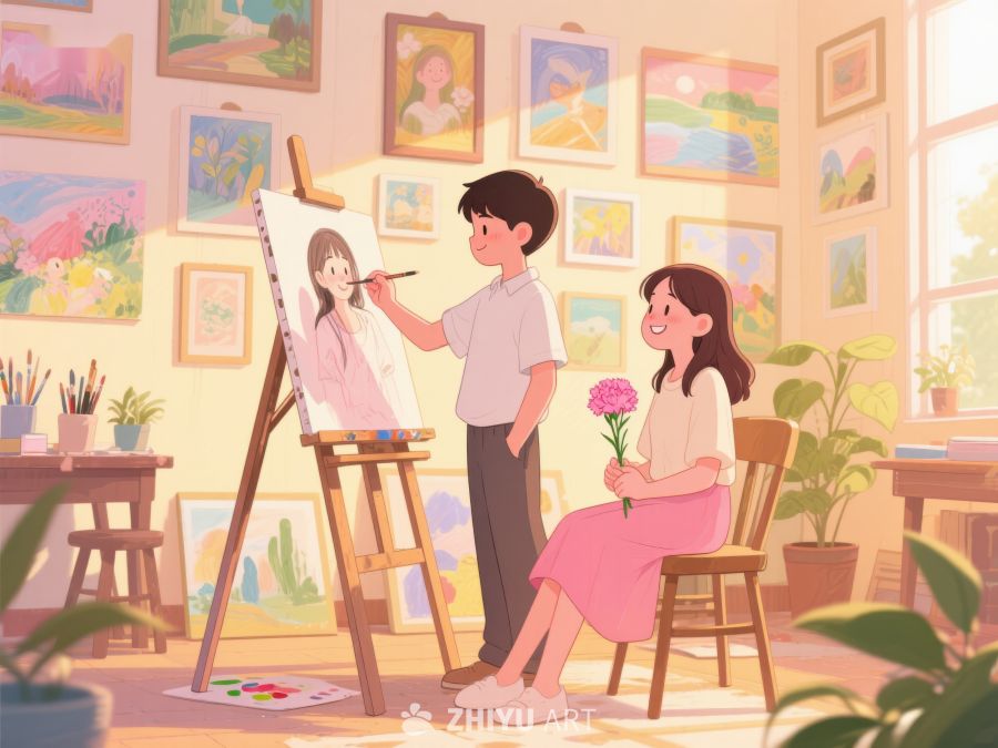 画家为女子画像，室内艺术氛围浓厚 385