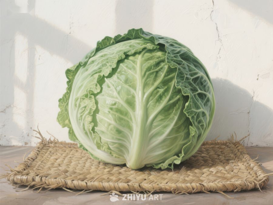 新鲜卷心菜置于编织垫上 561