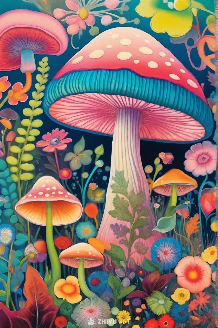一个奇特的蘑菇高耸于各种鲜花和植物之中，营造出一个