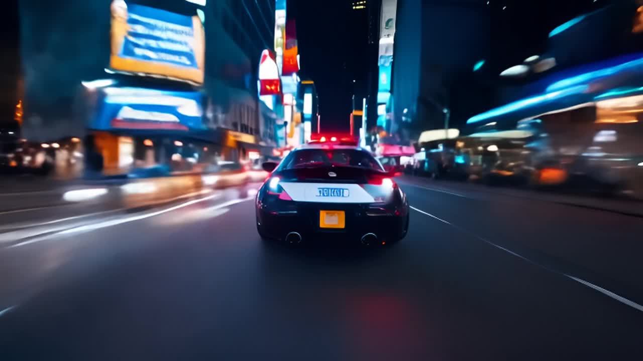 一辆警车行驶在繁忙的城市街道上，车尾有警灯闪烁，车