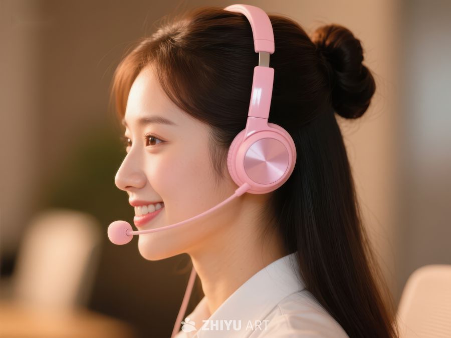 佩戴粉色耳机的微笑女性 277