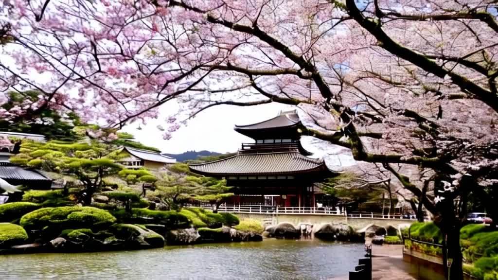 一个有红色廊柱和深色屋顶的寺庙建筑坐落在水边，周围