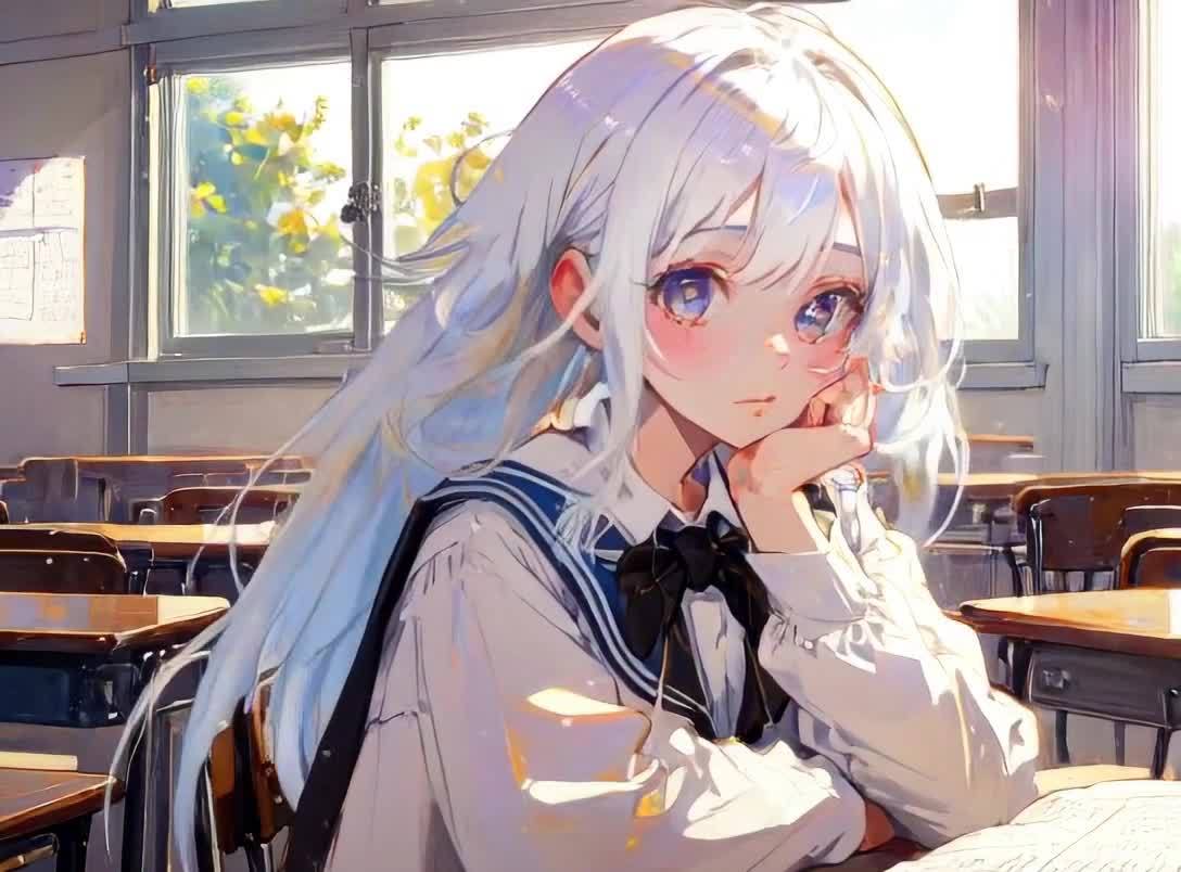 阳光下的白发少女在教室里思考