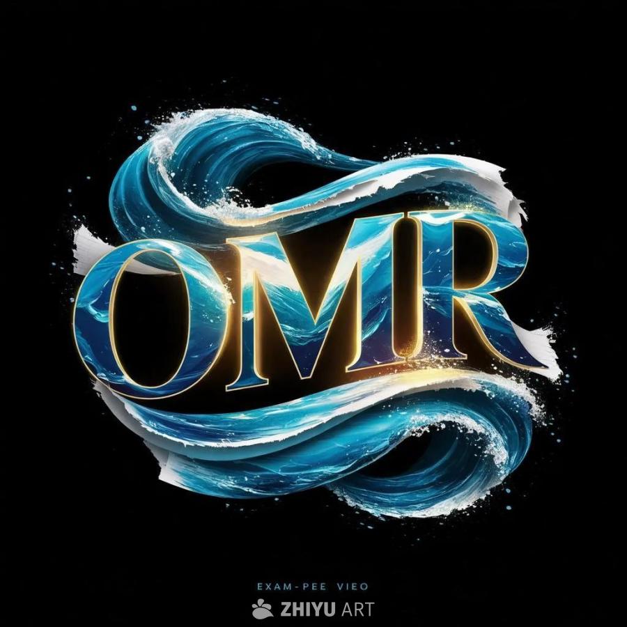 一个黑色的背景上，有粗体的“OMR”文字，文字采用