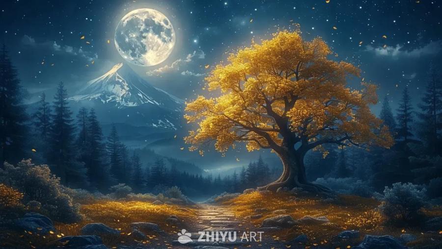 月光照亮的黑暗森林，一棵枝繁叶茂、闪耀着金色光芒的
