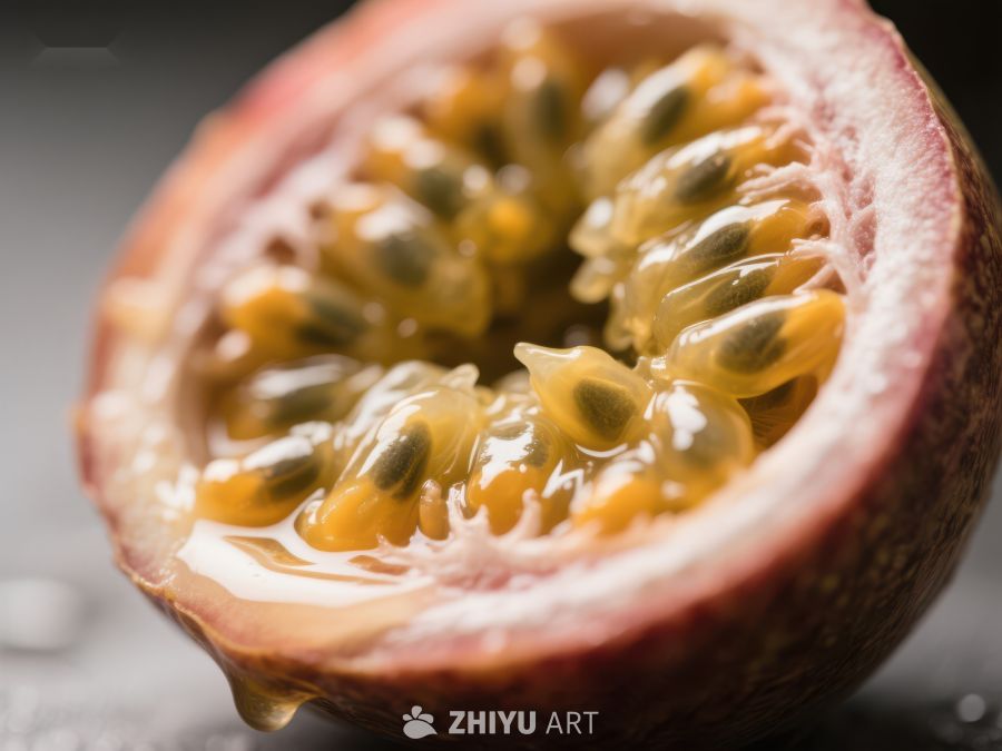 切开的百香果，展示丰富籽粒 396