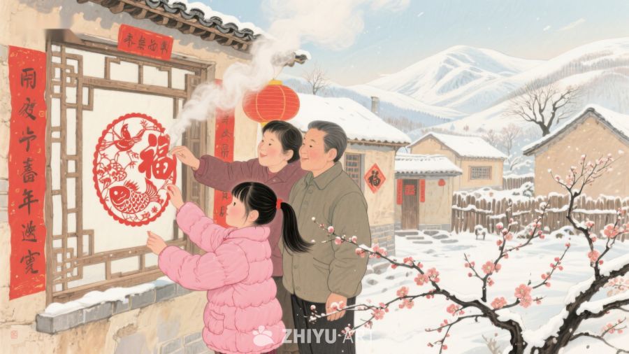 冬日乡村，祖孙三代贴窗花迎新春 167