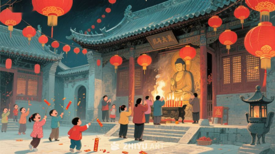 夜幕下的寺庙祈福场景 1228