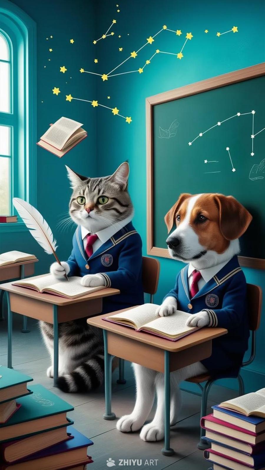 一只猫和一只狗穿着学生制服坐在教室里，正在学习。猫