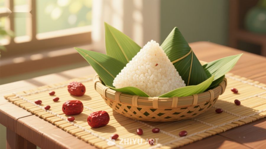 竹叶包裹的糯米团置于竹篮中 480