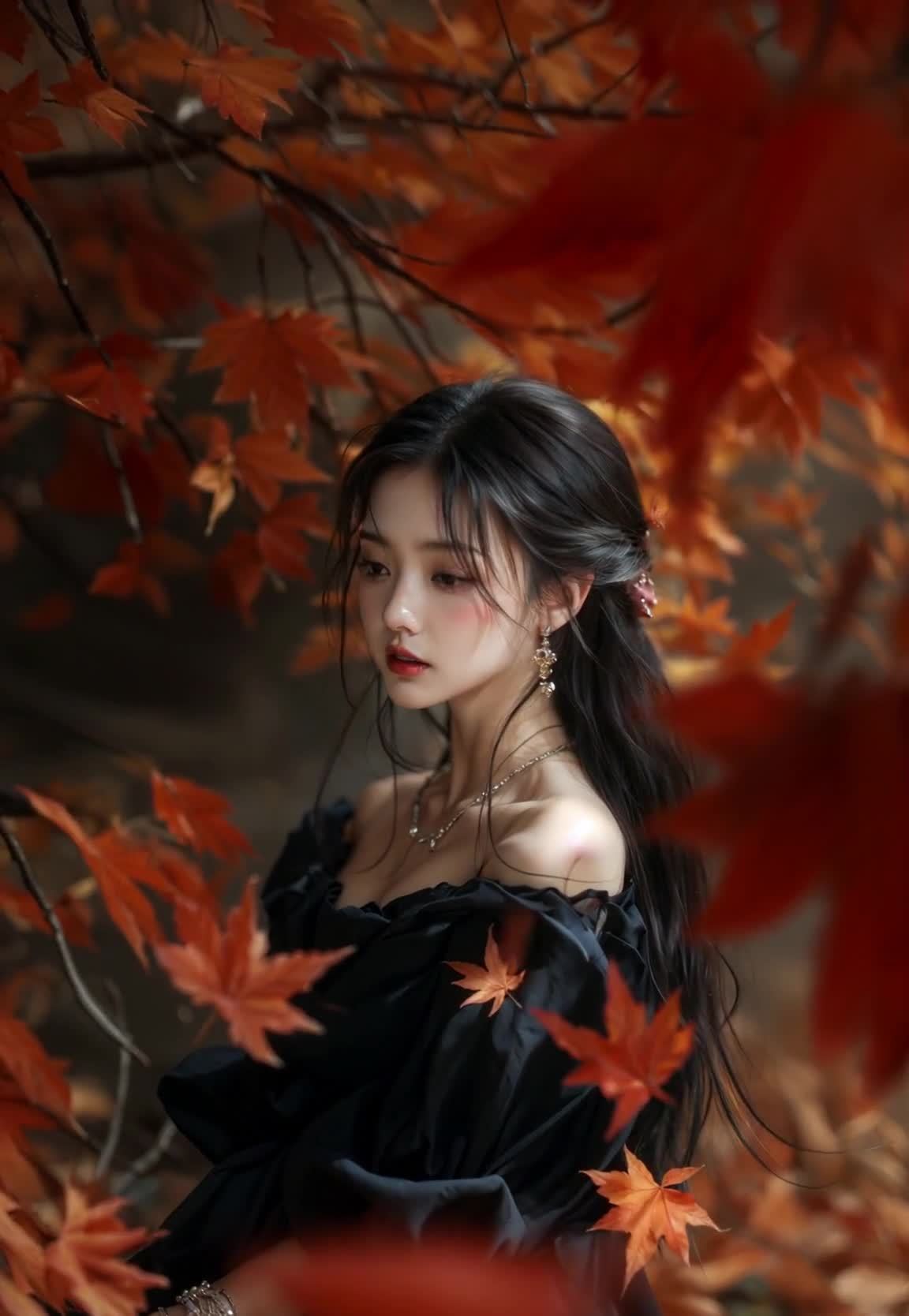 一位女性身穿黑色露肩连衣裙，佩戴着银色项链和耳环，