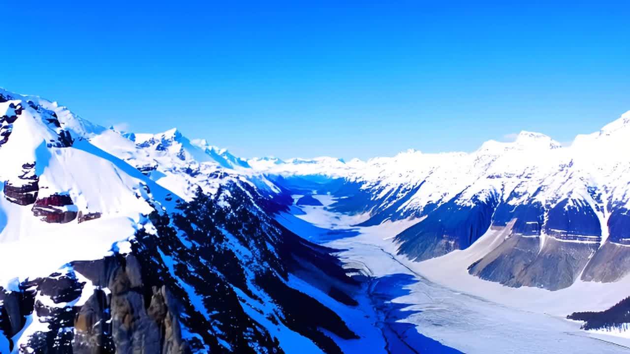 广角静态镜头，拍摄了阿拉斯加白雪皑皑的群山景观。镜