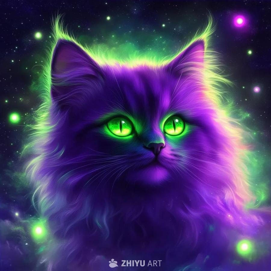 一只紫色的蓬松猫漂浮在星夜的天空中，周围环绕着发光