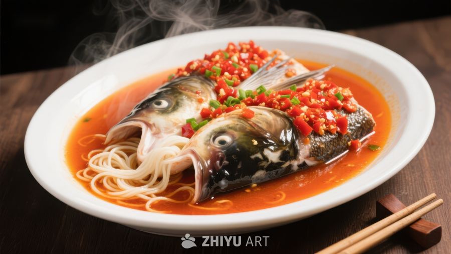 剁椒鱼头配面条，热气腾腾