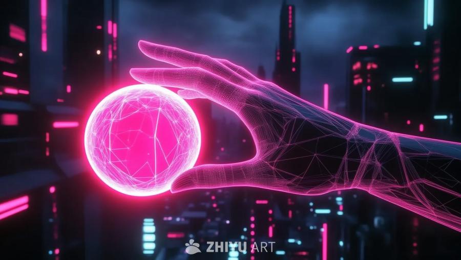 一个未来主义风格的3D线框手部设计伸向一个发光球体