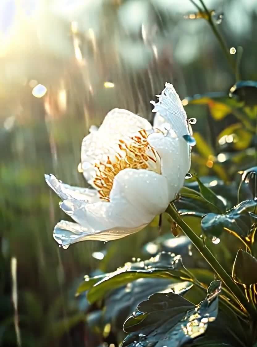 雨中盛开的白色花朵，晶莹剔透的雨珠点缀花瓣。