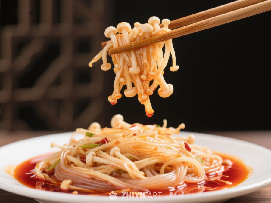 筷子夹起金针菇，红油拌菜诱人 677