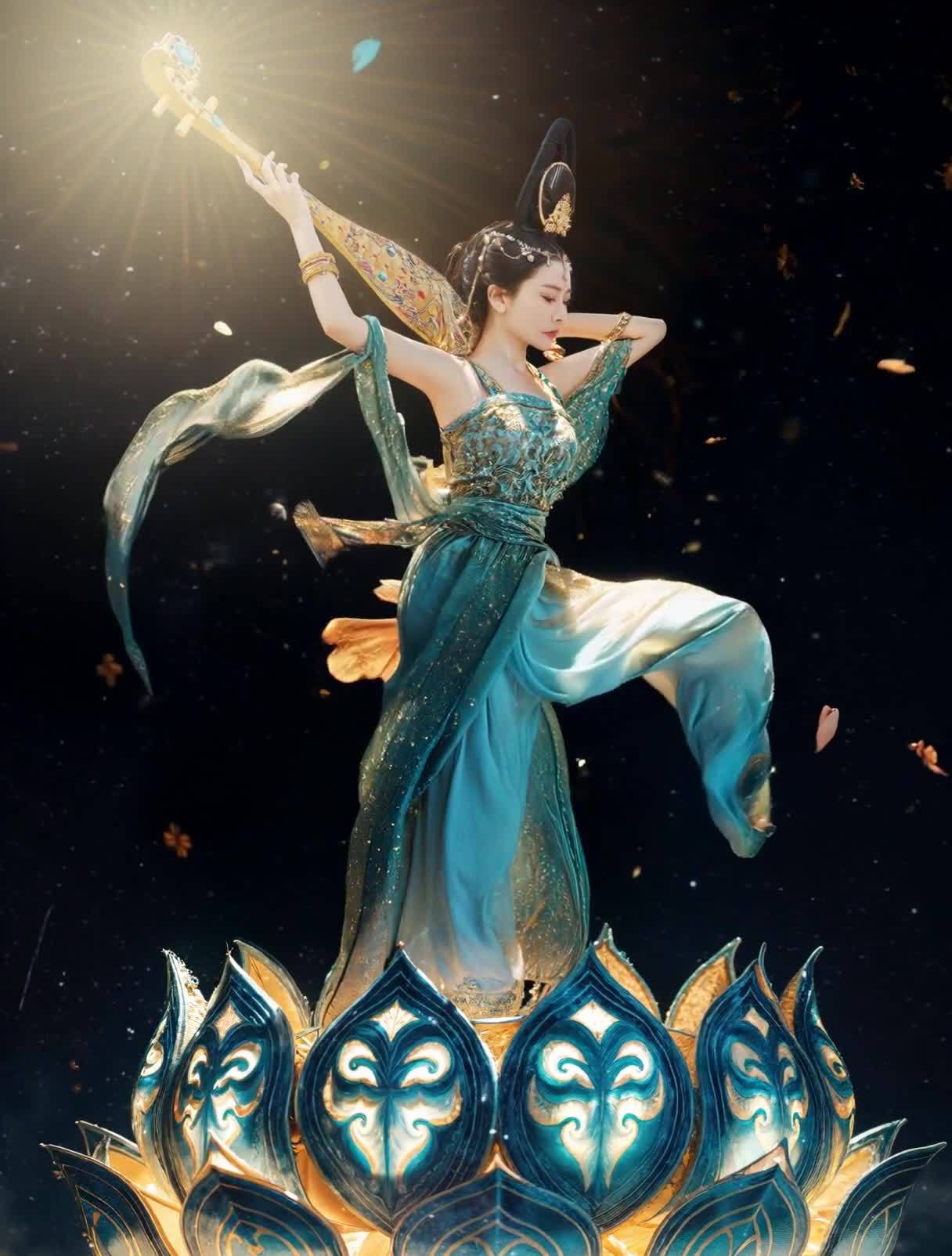 夜空莲花舞琵琶，古典美人身着华服起舞。