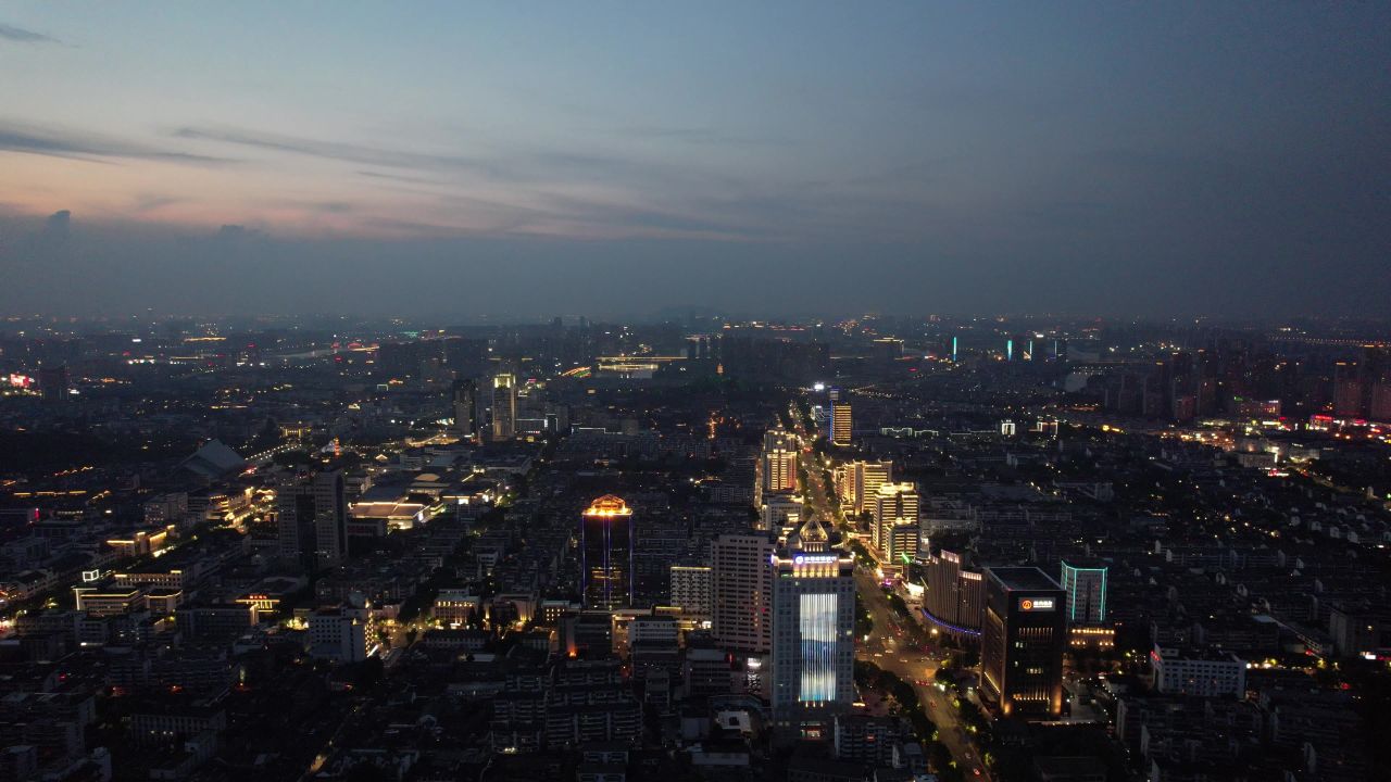 浙江绍兴城市夜景灯光航拍 