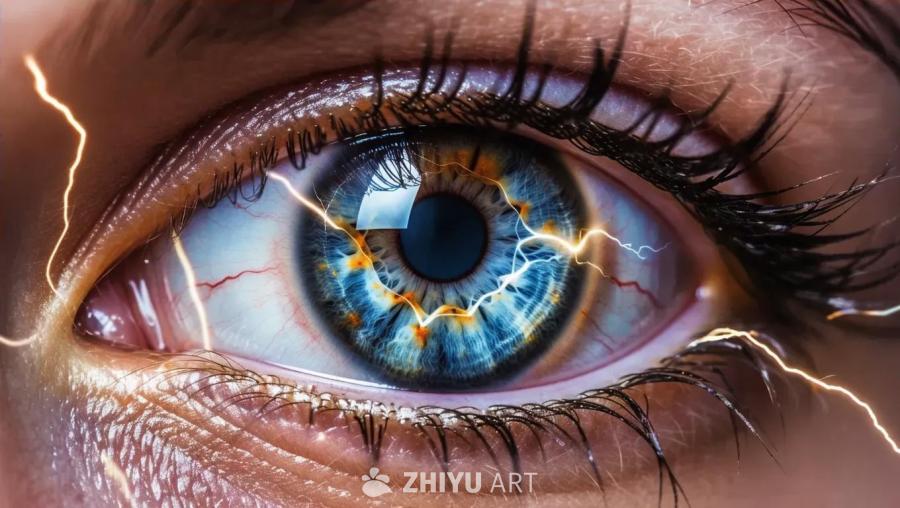 眼睛的特写镜头，眼球略微充血。面部/眼睛发出闪电。