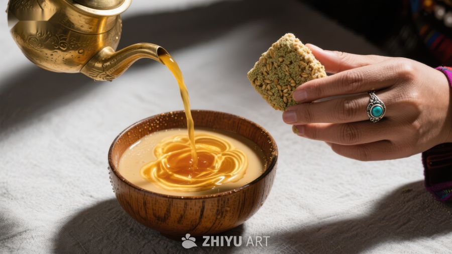 热茶倒入碗中，手握糕点