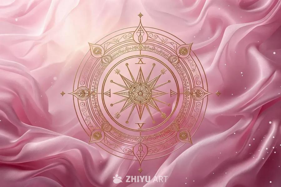 粉色的丝绸背景上，有一个金色的圆形图案，图案中心是