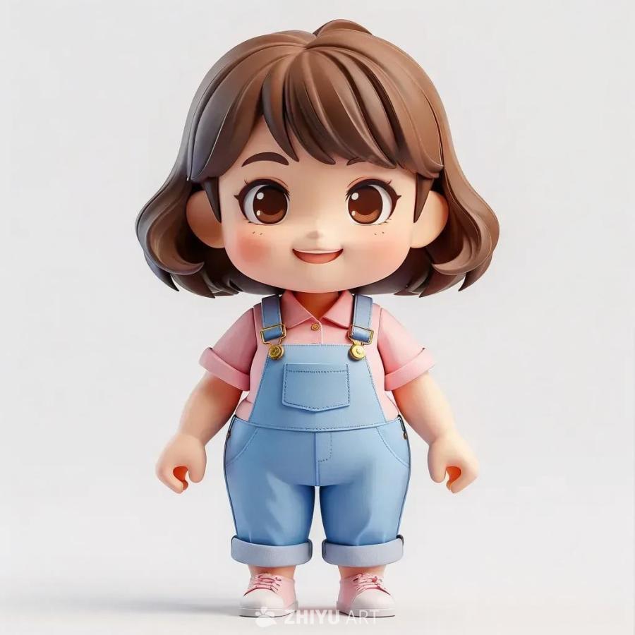 一个3D卡通插画，一个棕色短发、面带微笑的胖女孩，