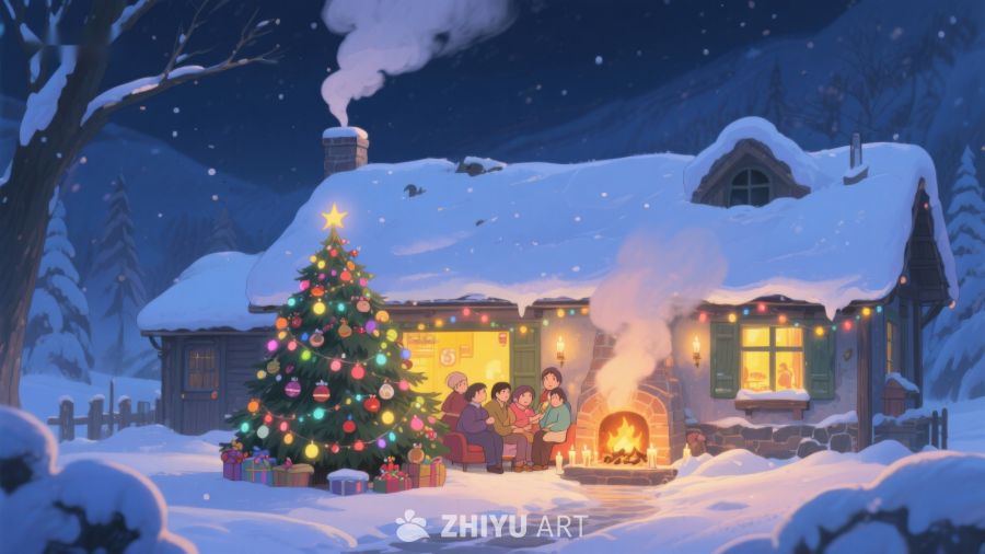 冬夜温馨小屋与圣诞树 97