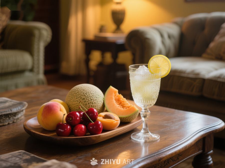 客厅茶几上的水果拼盘与清凉饮品 376