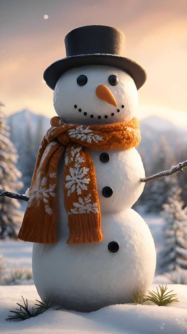 一个由三个大雪球堆叠而成的雪人，戴着深灰色或黑色高
