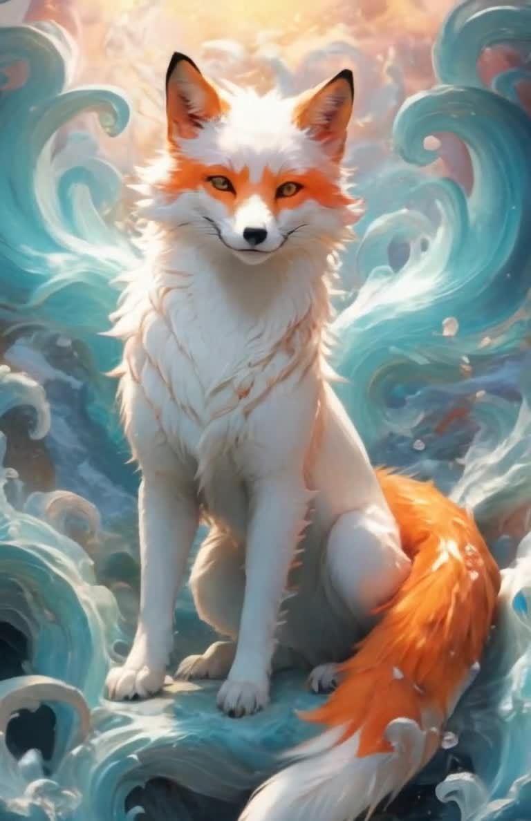 白橙狐狸坐海浪间，色彩鲜艳奇幻图景。