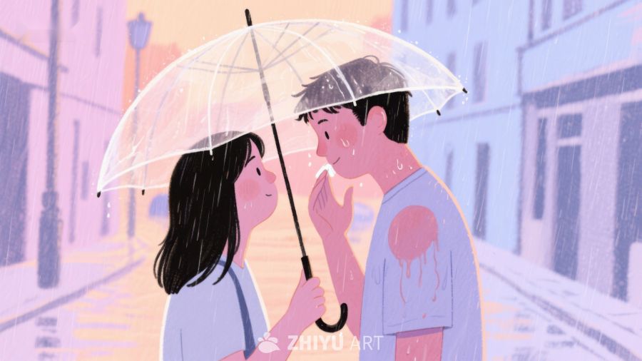 雨中情侣共享透明伞温馨时刻 647