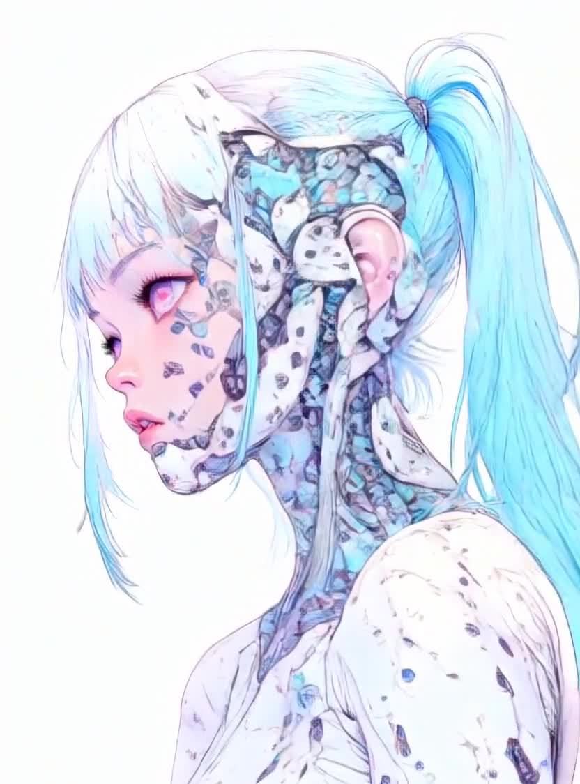 半机械人少女侧写：粉唇紫眸蓝马尾